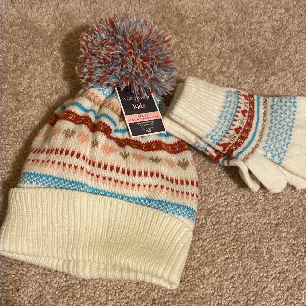 West Loop White and Blue Knitted Beanie with Pom-Pom